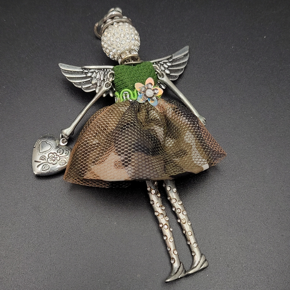 Angel Pendant Necklace with Green Bodice and Camo Skirt